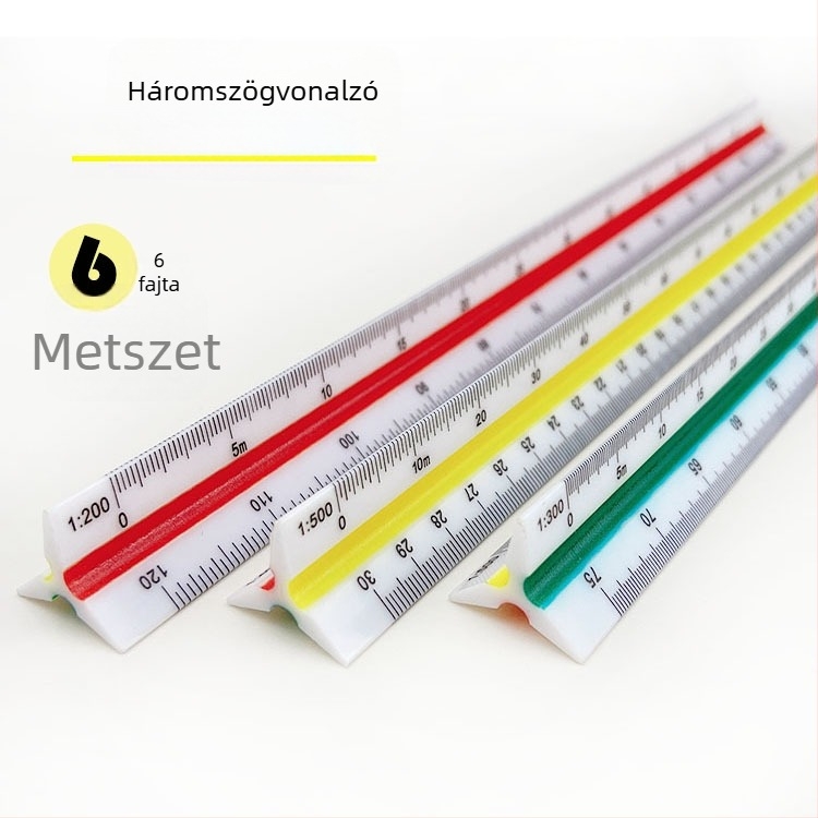 Háromszög alakú mérővonalzó 30 cm, rajzhoz és méretezéshez, hat skálával, belsőépítészethez