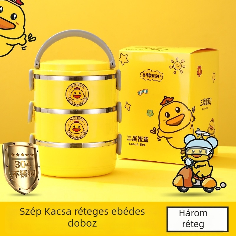 Kerek ebéddoboz 304 rozsdamentes acélból, háromrétegű szigetelt kialakítás, 1-2 L kapacitású, diákoknak