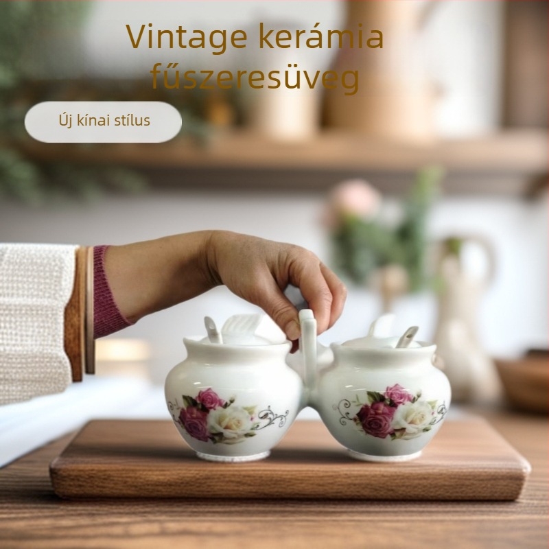 Dupla fejű porcelán fűszertartó fedővel — vintage kerámia dizájn folyékony fűszerekhez