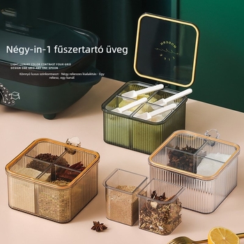 Vízálló négy az egyben konyhai fűszertartó integrált kanállal és fedéllel, PET anyagú tartály a szilárd fűszerekhez, logónyomtatás és testreszabás elérhető