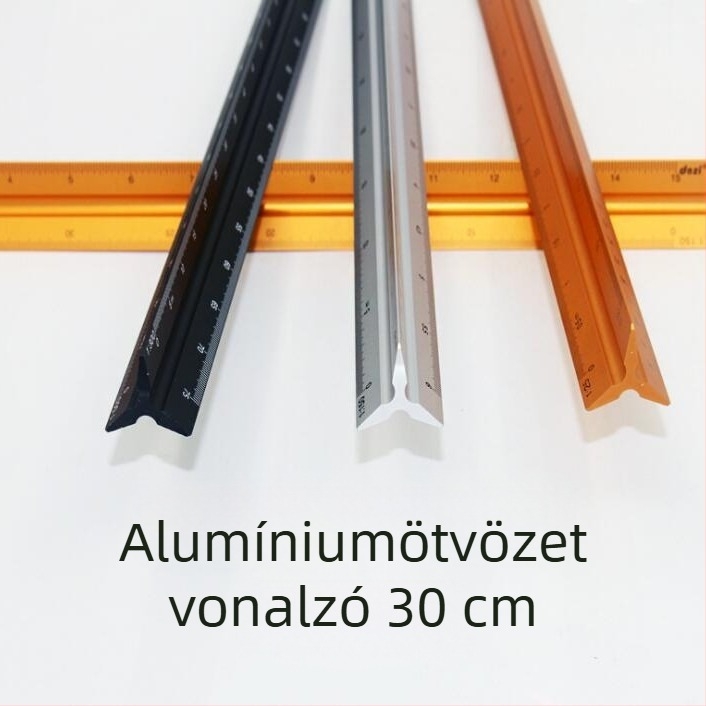 Dezi márkájú 30 cm-es alumínium háromszög vonalzó, fém kivitel, színek: arany, ezüst és fekete