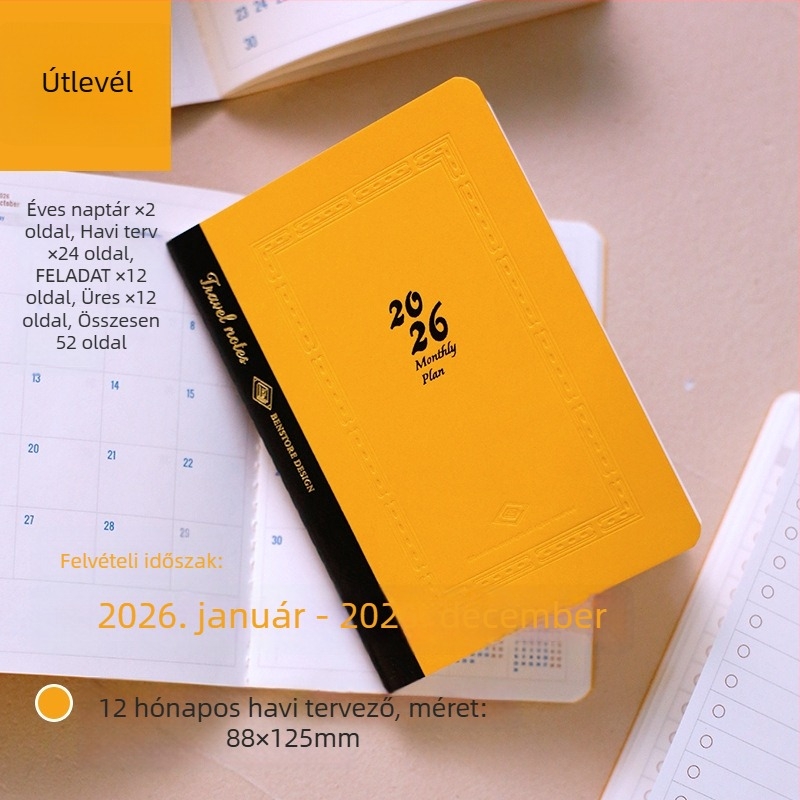 Füzött notesz, Dowling papír, 100 g, 50–100 oldal, minimalist stílus, éves naptár és havi tervezés 2026-ra