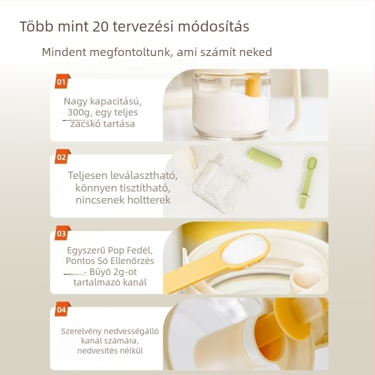 Üvegből készült fűszeres tartó, légmentesen záródó fedővel és kanállal, átlátszó, élelmiszer-minőség