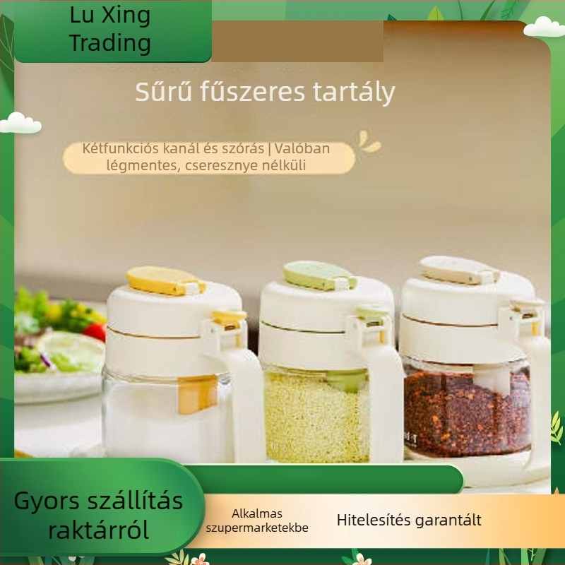 Üvegből készült fűszeres tartó, légmentesen záródó fedővel és kanállal, átlátszó, élelmiszer-minőség