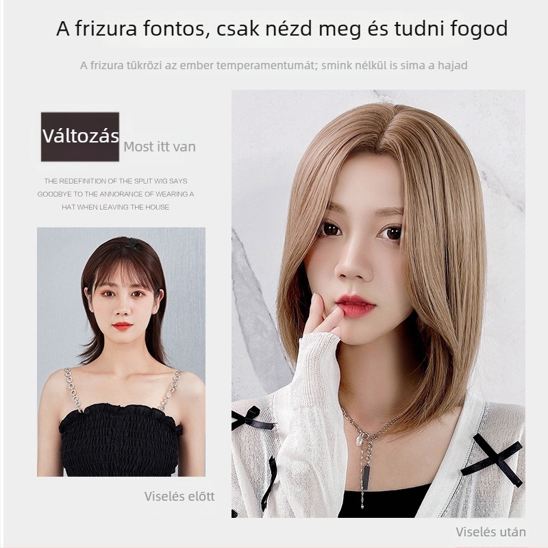 Női paróka, rövid, egyenes haj, ferde frufru, hőálló szálak, modell 527BXC