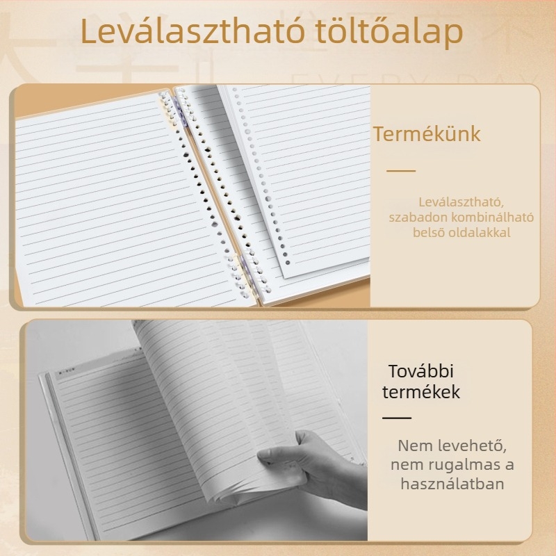 Oldalanként elválasztható jegyzetfüzet, PP borító, PP belső lapok, 100–200 oldal, kreatív stílus