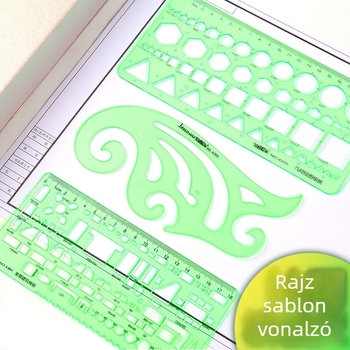 Ívelt vonalzó protrakttal, skálával és T-alakú vonalzóval rajzhoz, architektúrális kör sablon