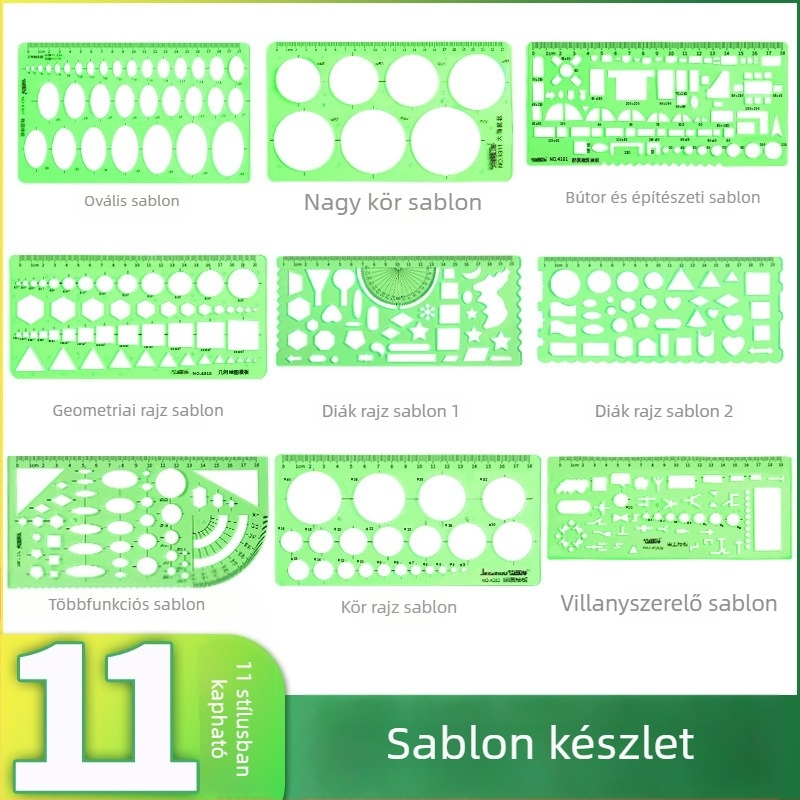 Ívelt vonalzó protrakttal, skálával és T-alakú vonalzóval rajzhoz, architektúrális kör sablon