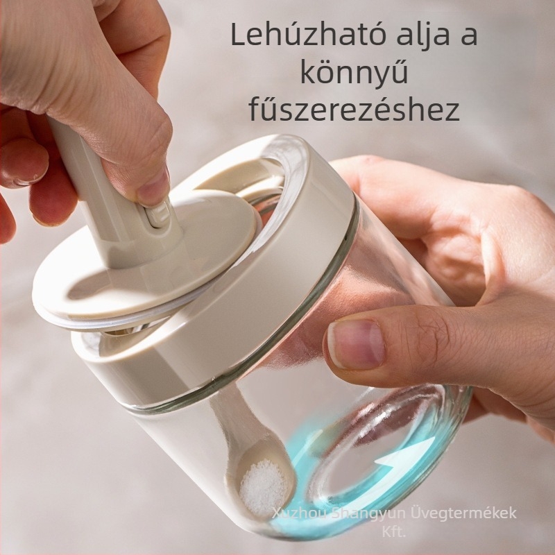 Üvegből készült fűszertartó teleszkópos kanállal, zárható és nedvességálló, száraz fűszerekhez, sóhoz és MSG-hez