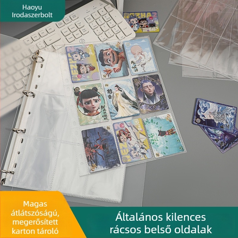 Kártyaalbum belső oldalai: átlátszó PP belső oldalak univerzális lyukakkal, kilenc négyzetes rács, 10 vagy 20 lap