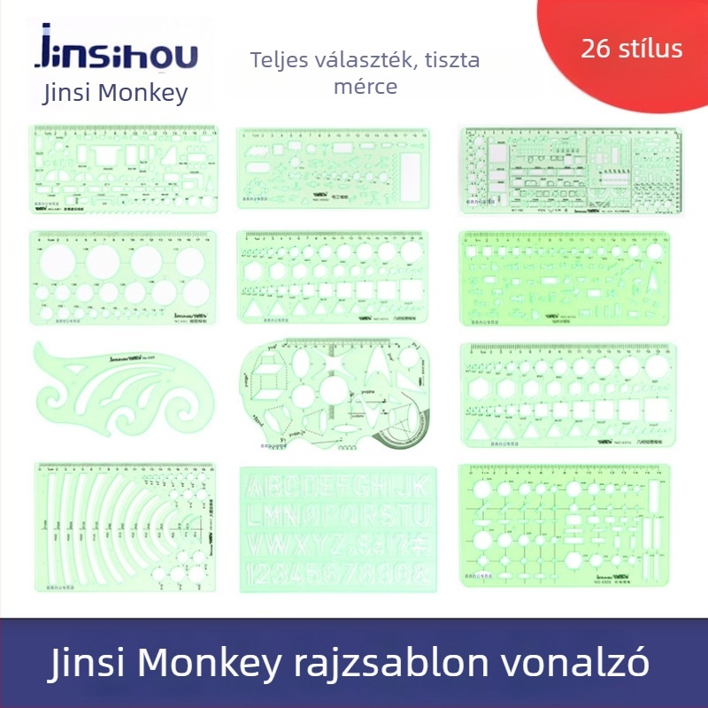 Golden Monkey Rajz sablonok – 26 különböző mintával kör, ovális és négyzetes formákhoz, többfunkciós rajz vonalzó