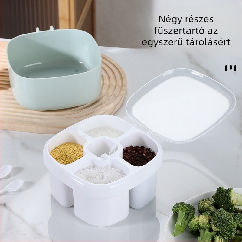 Négy rekeszű fűszertartó fedővel – műanyag, szilárd fűszerekhez, modern minimalista dizájn