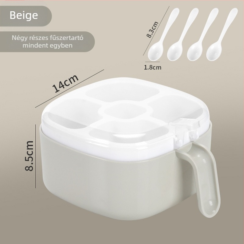 Négy rekeszű fűszertartó fedővel – műanyag, szilárd fűszerekhez, modern minimalista dizájn
