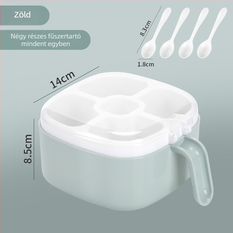 Négy rekeszű fűszertartó fedővel – műanyag, szilárd fűszerekhez, modern minimalista dizájn