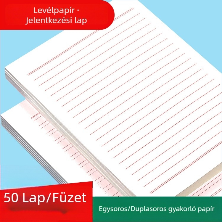 Piros író- és vázlatpapír, 16K formátum, egyszeres vagy kétsoros vízszintes vonalakkal, párttagsági jelentkezési űrlaphoz
