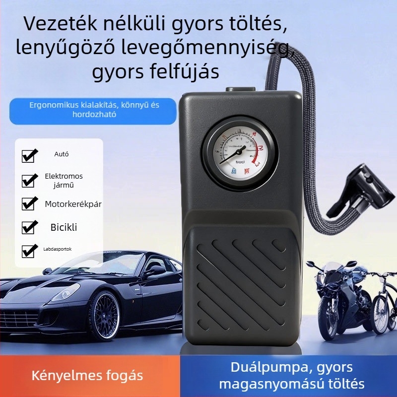 Kéthengeres, vezeték nélküli autó légpumpa, 12V, <80W, 50 L/min, lítium-akkumulátor