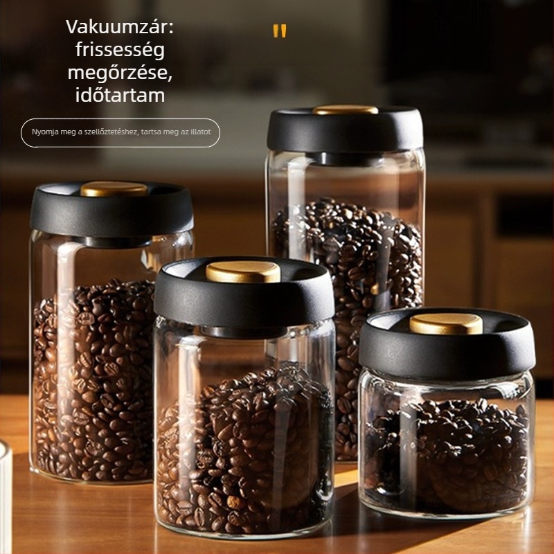 Nyomásos üveg tároló — nedvességzáró, tejpor, tea és kávészemek tárolására; 501–800 ml, hengeres, boroszilikát üveg, mikróhullámú sütőben használható
