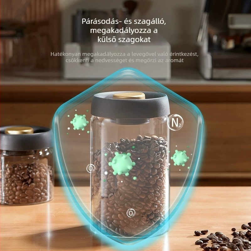 Nyomásos üveg tároló — nedvességzáró, tejpor, tea és kávészemek tárolására; 501–800 ml, hengeres, boroszilikát üveg, mikróhullámú sütőben használható