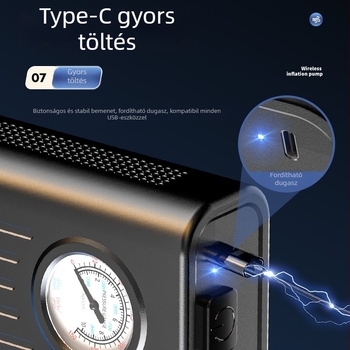 Intelligens autós hordozható légpumpa manométerrel, USB töltés, újratölthető 24V, 200W, ABS ház, 30 L/min