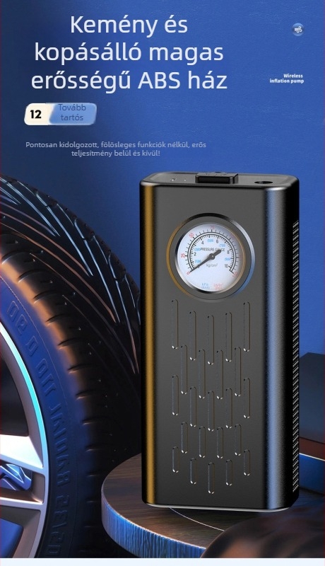 Intelligens autós hordozható légpumpa manométerrel, USB töltés, újratölthető 24V, 200W, ABS ház, 30 L/min