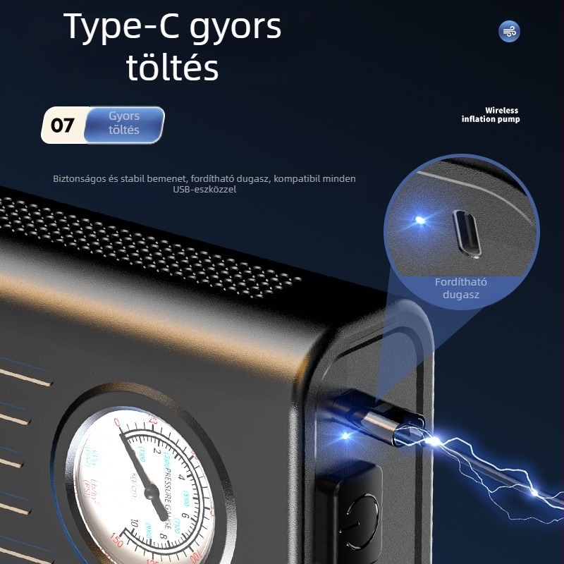 Intelligens autós hordozható légpumpa manométerrel, USB töltés, újratölthető 24V, 200W, ABS ház, 30 L/min
