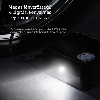 Autó gumiabroncs-felfújó, 12V DC, 120W, 25 L/min, kb. 3 m kábel, egyhengeres, világítás