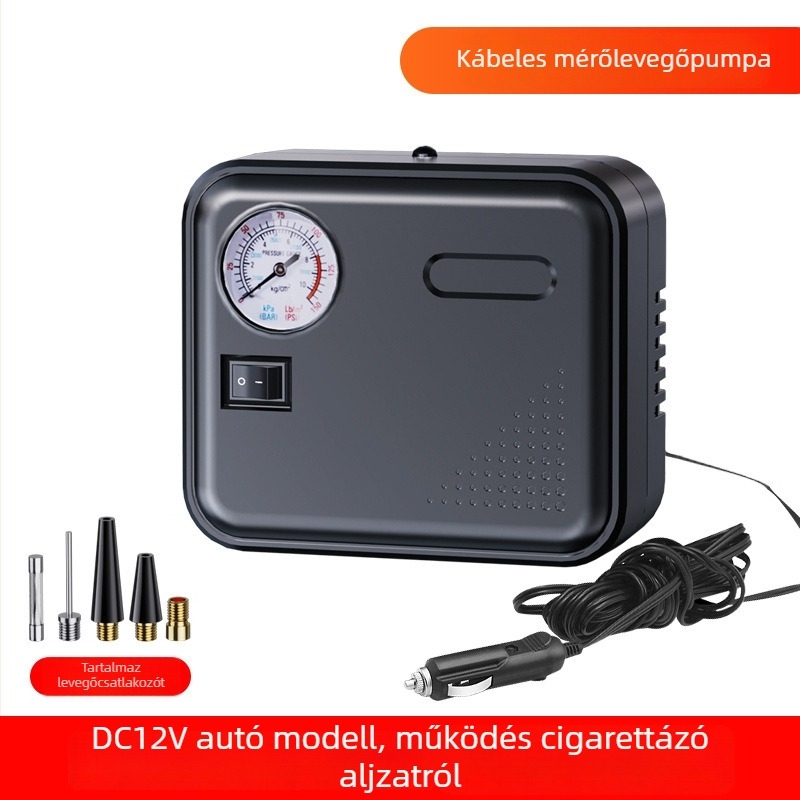 Autó gumiabroncs-felfújó, 12V DC, 120W, 25 L/min, kb. 3 m kábel, egyhengeres, világítás