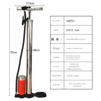 Sepas vintage rozsdamentes acél kézi pumpa nyomométerrel kerékpárhoz — vas testű, 0.8 kg