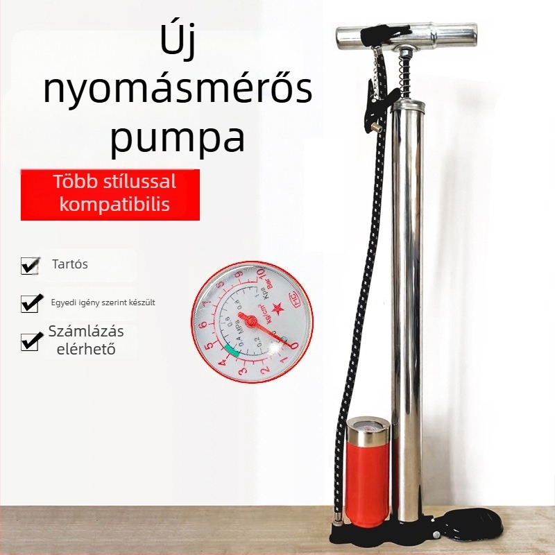 Sepas vintage rozsdamentes acél kézi pumpa nyomométerrel kerékpárhoz — vas testű, 0.8 kg