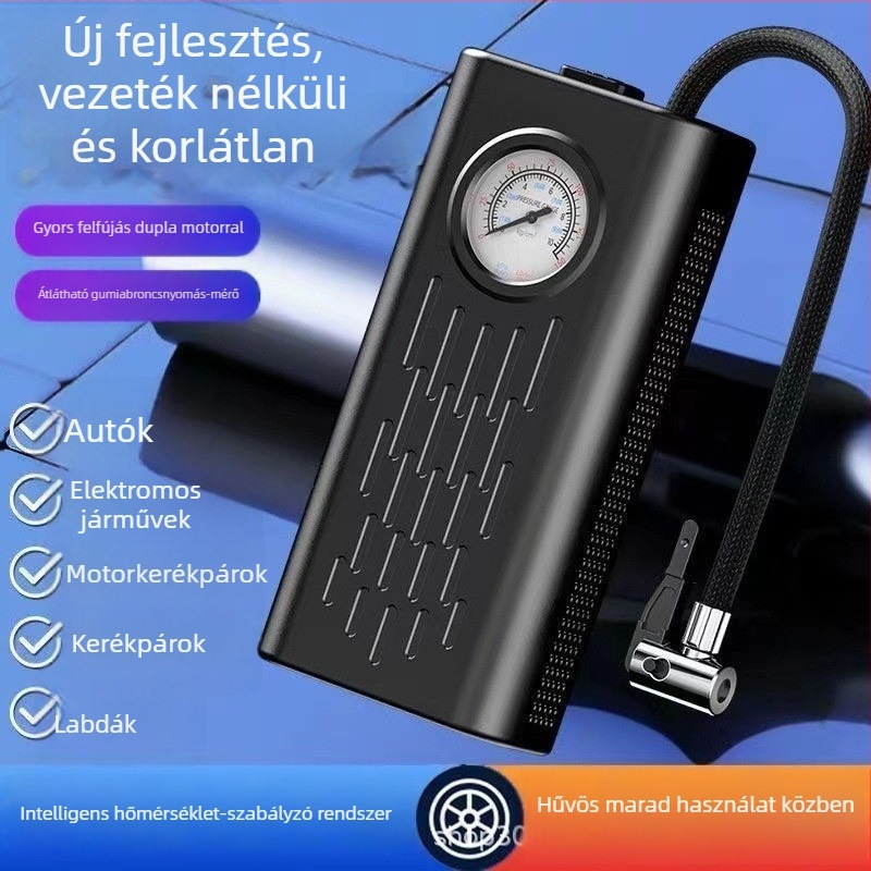 Vezeték nélküli hordozható autó légpumpa kijelzővel, 120 W, 240 V, újratölthető, tápkábel 50 cm, tömlő 22 cm, levegőáramlás 30 L/min