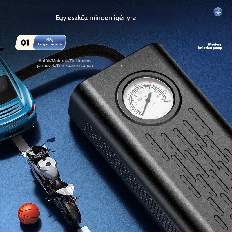 Vezeték nélküli hordozható autó légpumpa kijelzővel, 120 W, 240 V, újratölthető, tápkábel 50 cm, tömlő 22 cm, levegőáramlás 30 L/min