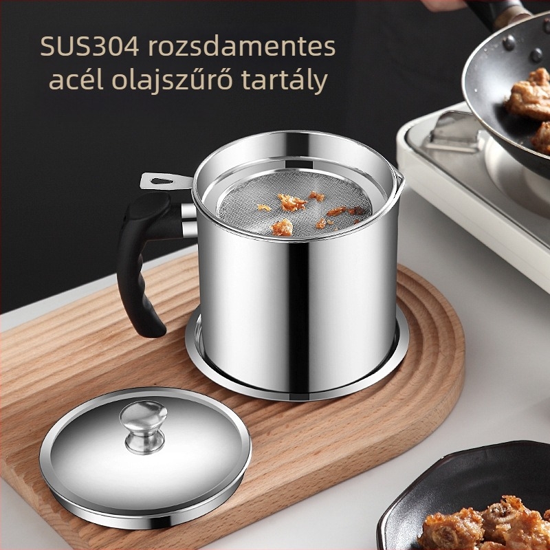 Rozsdamentes acél olajtartó kanna szűrőhálóval és szűrőcsészével