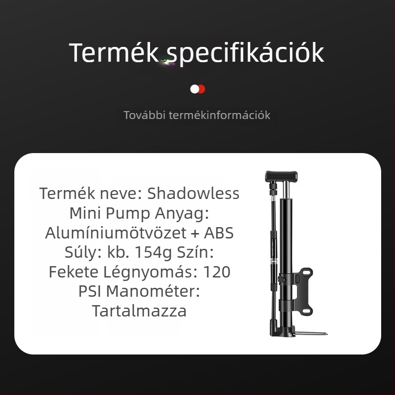 Kézi hordozható kerékpárpumpa manométerrel, alumínium test, mini méret, 120 psi-ig magasnyomás