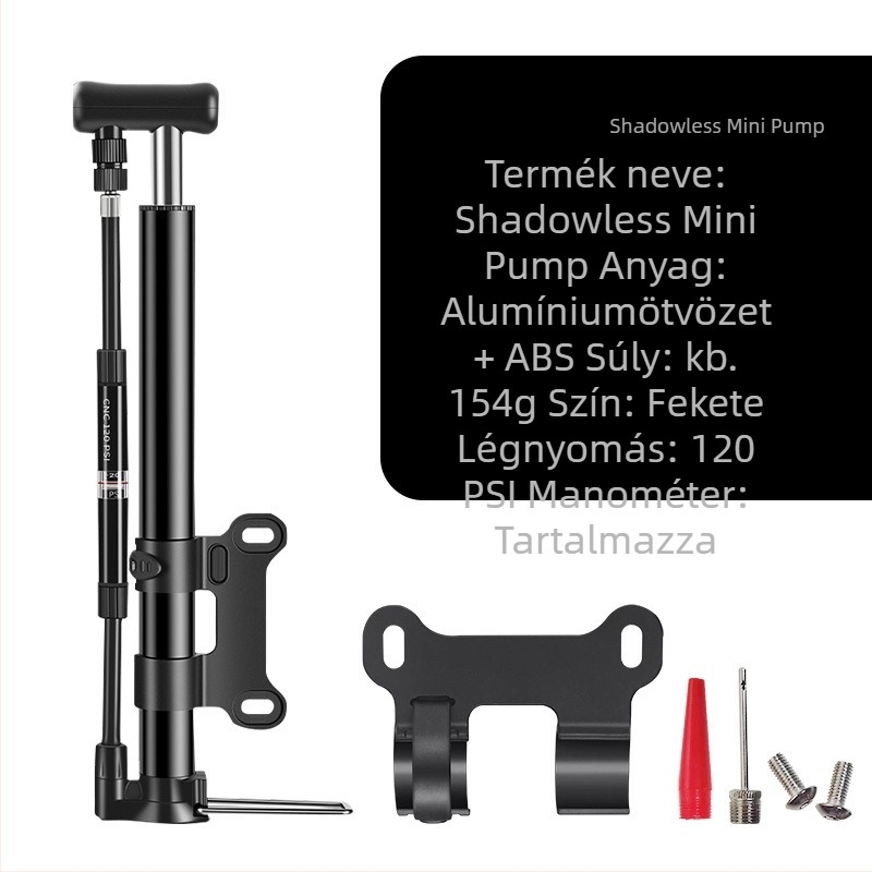 Kézi hordozható kerékpárpumpa manométerrel, alumínium test, mini méret, 120 psi-ig magasnyomás