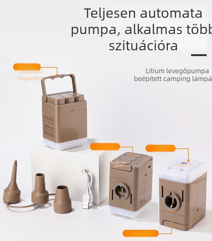 Vezeték nélküli elektromos légpumpa – Kettős használatú sátorhoz, kanapéhoz és kemping matracokhoz; <80W, egyhengeres, világítás és USB töltés, üzemidő 5–20 perc