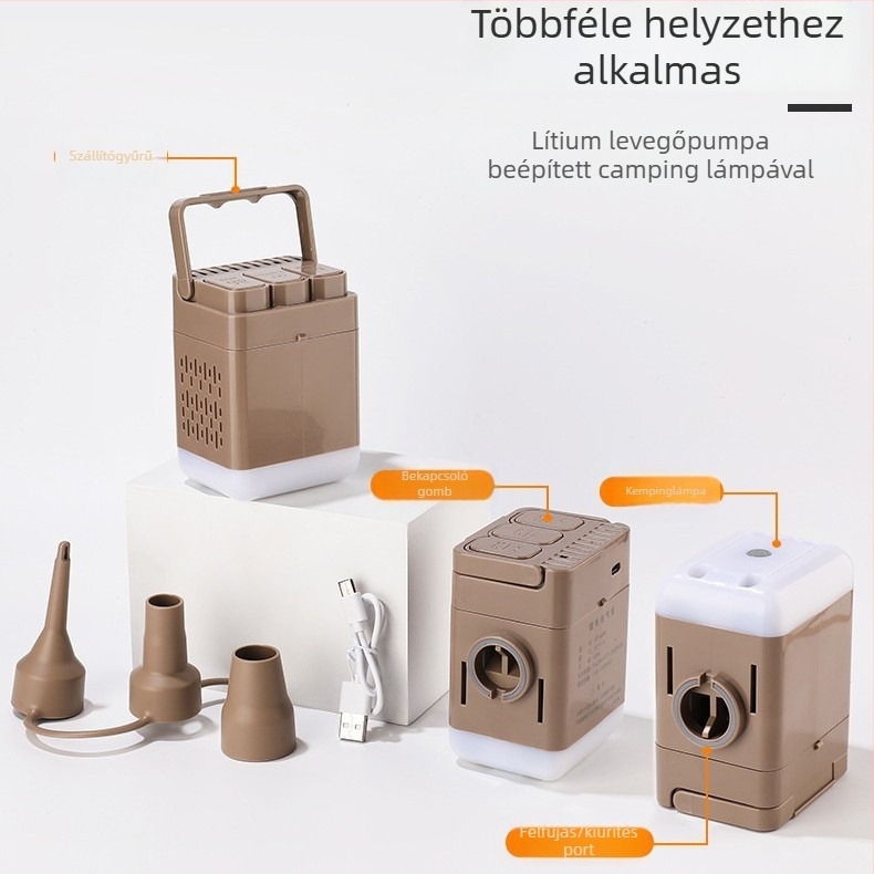 Vezeték nélküli elektromos légpumpa – Kettős használatú sátorhoz, kanapéhoz és kemping matracokhoz; <80W, egyhengeres, világítás és USB töltés, üzemidő 5–20 perc