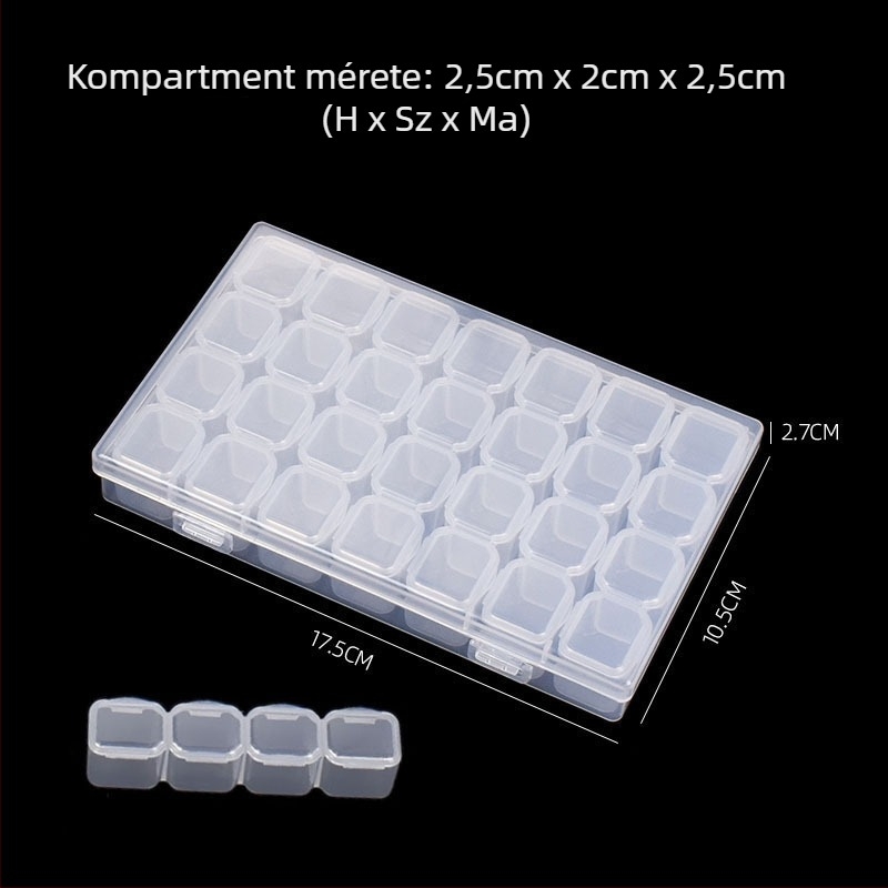 PP műanyag tároló doboz kozmetikumokhoz és kis alkatrészekhez, átlátszó válaszfalakkal, porálló, 2 L kapacitás, modell BA007