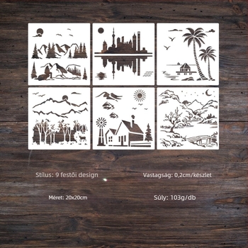 Lyukasztott festészeti sablon — kézzel készült a Rongyue Handmade; anyag: környezetbarát műanyag; témák: táj, város, vidéki, erdő, farm, strand.