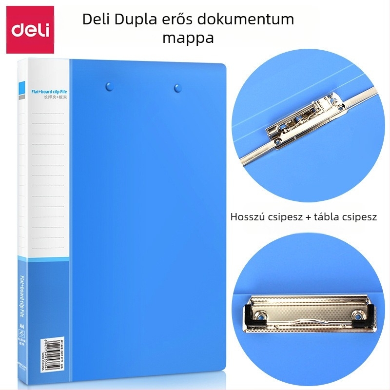 Deli 5309 A4 irattartó dupla csipeszes, irodai dokumentumtartó, műanyag, lemez vastagsága 0,65 mm, méretek 240×320 mm