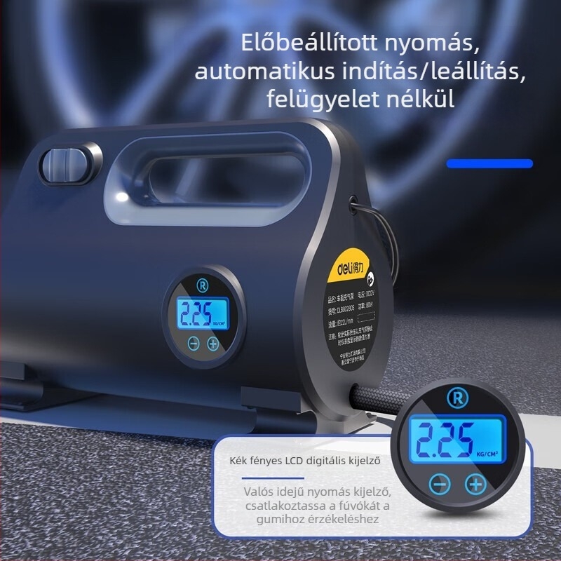 Autó inflátor – hordozható magasnyomású pumpa előre beállítható abroncsnyomással, 120W, USB töltés, egyhengeres, mutató kijelző