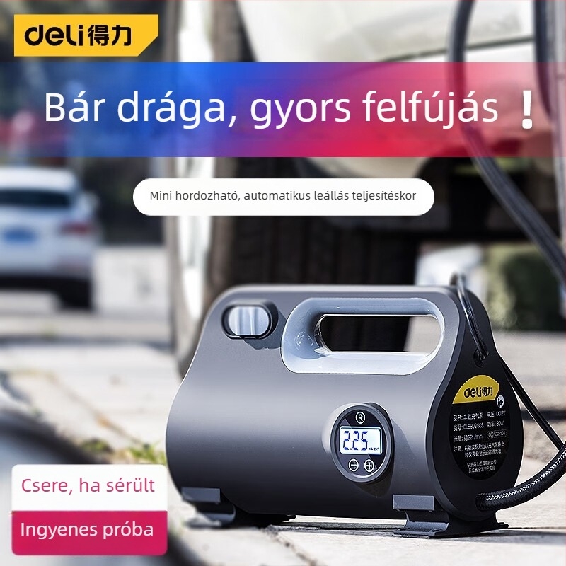 Autó inflátor – hordozható magasnyomású pumpa előre beállítható abroncsnyomással, 120W, USB töltés, egyhengeres, mutató kijelző