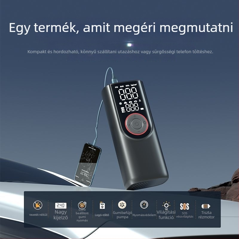 Hordozható mini elektromos gumiabroncs pumpa autó és kerékpárhoz, 12V DC, 80W, 6A, 35 L/min, digitális kijelző