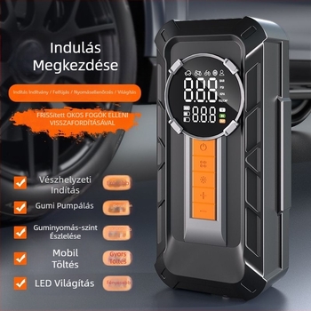 Autóvészhelyzeti indítóegység beépített légpumpával és power bankkal, egyhengeres pumpa, 12V, 10A, 80W, lítium-akkumulátor, 25 L/min légáram