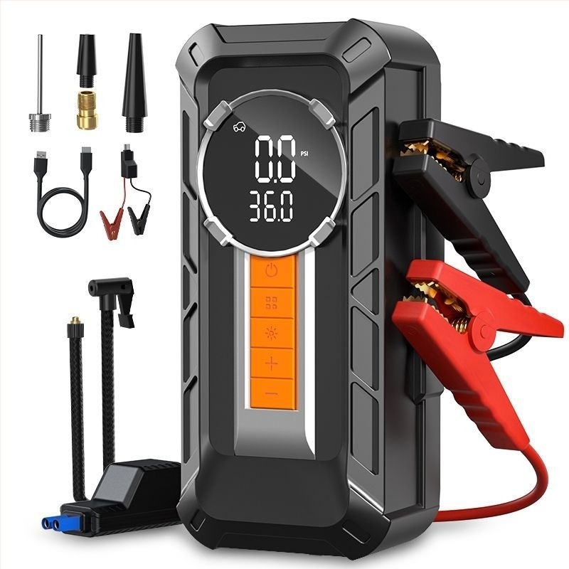 Autóvészhelyzeti indítóegység beépített légpumpával és power bankkal, egyhengeres pumpa, 12V, 10A, 80W, lítium-akkumulátor, 25 L/min légáram