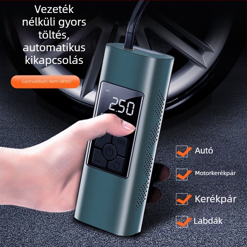 Hordozható autó-légpumpa digitális kijelzővel, keréknyomás mérővel, USB töltéssel, 80W, 12/11.1V