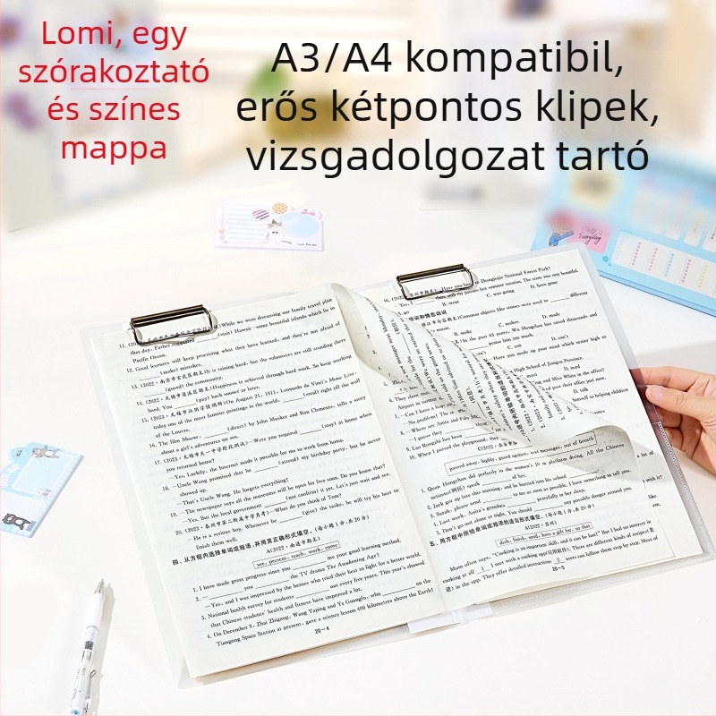 Kettős erős klipszes tesztpapírok rendezője, műanyagból, A4-es csipesszel, kompatibilis az A4–A3 formátumú papírokkal, logónyomtatás elérhető