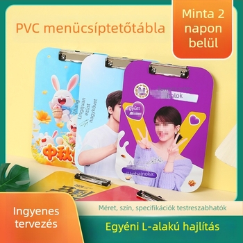 PVC éttermi menü klipek írófelülettel — erős egyoldalú klip, állítható clamp méret és lemezvastagság, logó nyomtatás elérhető