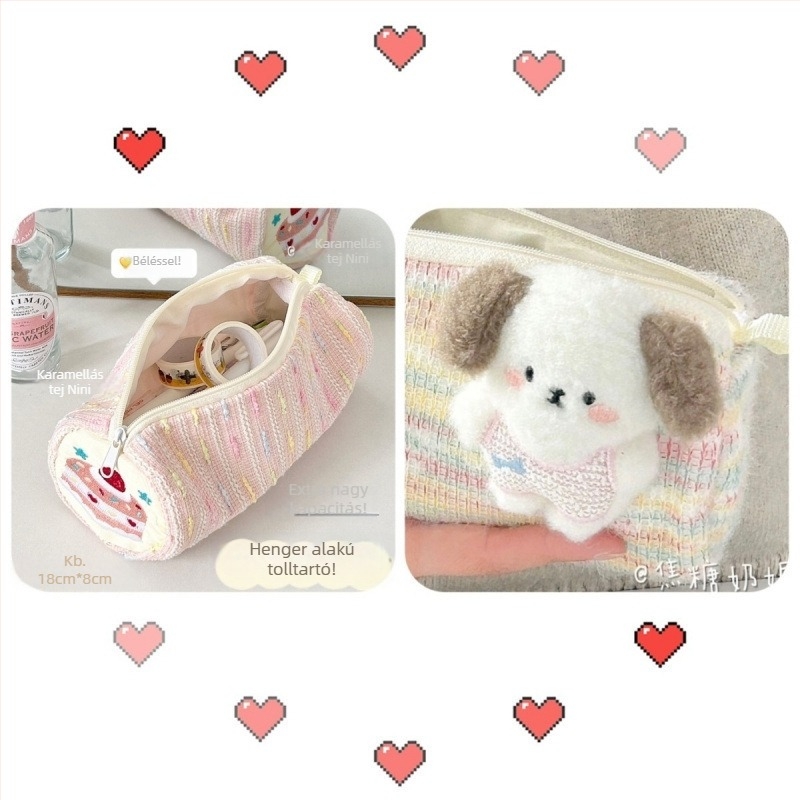 Ceruzatartó eper torta kiskutya motívummal, aranyos rajzfilm dizájn, nagy kapacitású, japán stílus, modell zYY8s2kY