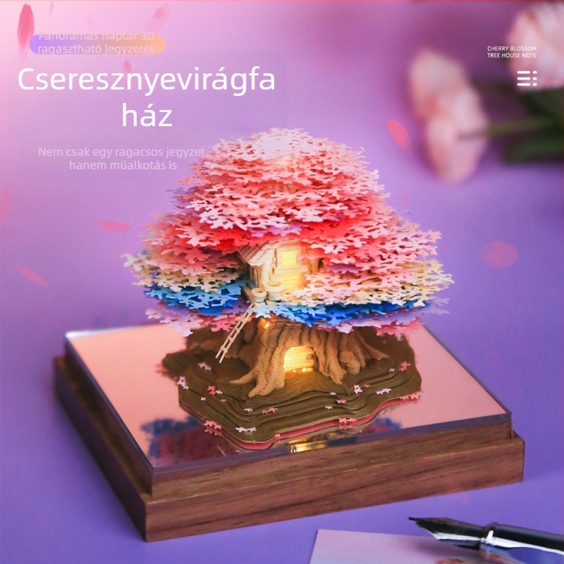 3D panorámás papíralapú naptár cseresznyefa-házikó díszével, ajándékdobozos csomagolás, forma: papír blokk