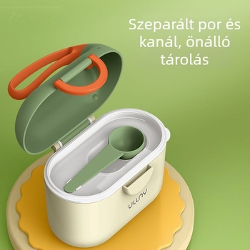 Kétszintes tejporos doboz hordozható rekeszekkel, zárható és nedvességálló, 0–1 évesek számára